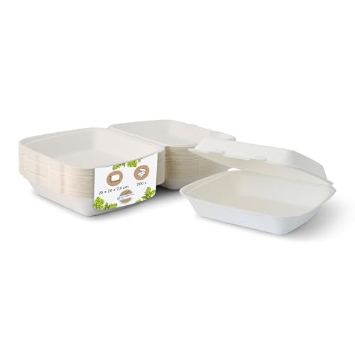 BIOZOYG Zuckerrohr Burger-Box mit Klapp-Deckel I 200 St. kompostierbare Imbiss-Verpackung aus Bagasse - biologisch abbaubar I Pommes-Menü-Box quadratisch I Lunch-To-Go-Box 25 x 20 x 7,5 cm 200 Stück von BIOZOYG