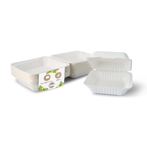 BIOZOYG Zuckerrohr Burger-Box mit Klapp-Deckel I 200 St. kompostierbare Imbiss-Verpackung aus Bagasse - biologisch abbaubar I Sandwich-Menü-Box quadratisch I To-Go-Box 22 x 18,5 x 7 cm 200 Stück von BIOZOYG