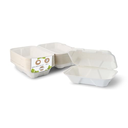 BIOZOYG Zuckerrohr Burger-Box mit Klapp-Deckel I 50x kompostierbare Imbiss-Verpackung aus Bagasse - biologisch abbaubar I Pommes-Menü-Box quadratisch I Lunch-To-Go-Box 22,9 x 15,5 x 7,7 cm 50 Stück von BIOZOYG