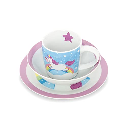 GREENBOX Porzellan Kinder-Geschirrset I Frühstücksset 3-teilig spülmaschinenfest I Tasse-Teller-Schüssel-Set mit Motiv I Geschenkideen für Kinder I lustiges Kindergeschirr mit Einhorn-Bild von GREENBOX