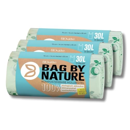 30L Biomüllbeutel mit Henkel: 39 Müllbeutel, Made in Germany, 100% kompostierbar und biologisch abbaubar in 6 Wochen, 100% klimaneutral, reißfeste Biobeutel, auch als 6L, 10L, 20L Bio Beutel von BIOvative PRODUCTS