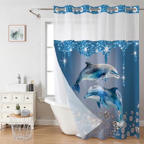 BIPOOBEE Duschvorhang ohne Haken, Delfin, mit Stoffeinsatz, luxuriöser moderner Hotel-Stil, durchsichtiges Netzfenster, 180 x 188 cm von BIPOOBEE