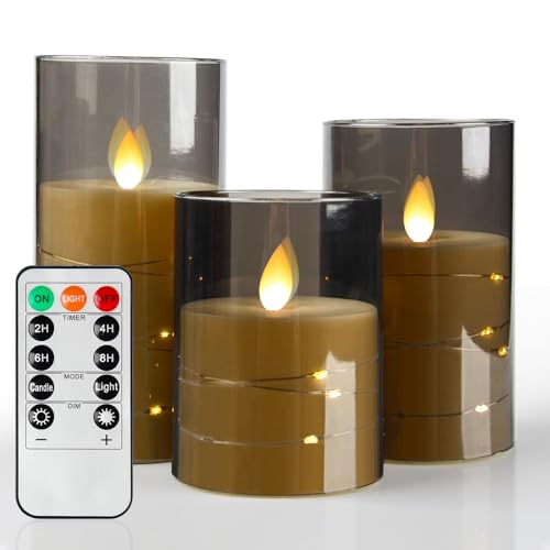 BIQIQI Flammenlose LED Kerzen, 3er-Pack Graue Batteriebetriebene Kerzen, Flackernde Kerzensäule, Realistischer Flammenschütteleffekt, Ferngesteuertes Kerzenlicht mit Timer, Linienlicht von BIQIQI