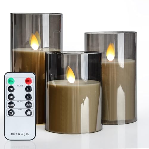 BIQIQI Flammenlose LED Kerzen, 3er-Pack Graue Batteriebetriebene Kerzen, Flackernde Kerzensäule, Realistischer Flammenschütteleffekt, Ferngesteuertes Kerzenlicht mit Timer von BIQIQI