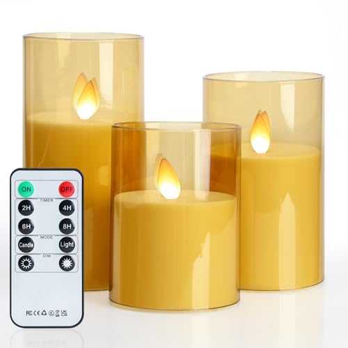 BIQIQI Flammenlose LED Kerzen, 3er-Pack Gelb Batteriebetriebene Kerzen, Flackernde Kerzensäule, Realistischer Flammenschütteleffekt, Ferngesteuertes Kerzenlicht mit Timer von BIQIQI