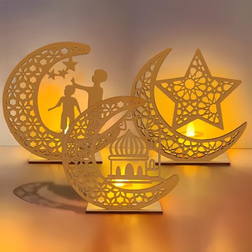 BIQIQI Ramadan Dekoration Ramadan Lichterkette, 3 Stück Holz Eid Mubarak Lichterketten Ramadan Laterne Dekoration LED Ramadan Licht Tischdekoration Muslim Ramadan Deko Leuchten für Home Party von BIQIQI