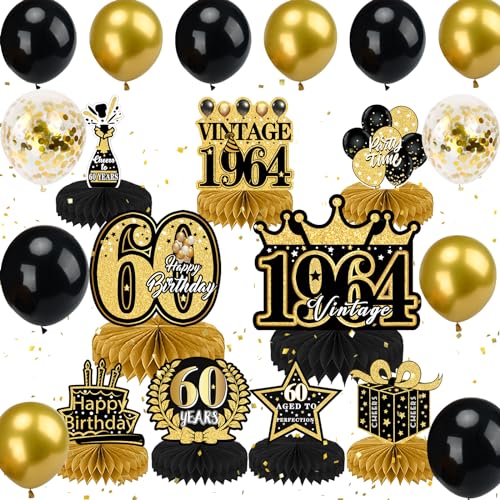 60 Geburtstag Deko, 60. Geburtstag Männer Frauen Dekorationen Luftballons Set mit Schwarze Goldene Bienenwabe Mittelstück Tischdeko Geburtstag, 60. Geburtstag Deko, Geburtstagsdeko 60 Jahre von BIQIQI
