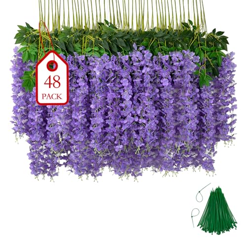 BIRDDIE 48 Stück Künstliche Glyzinien Hängende Blumen Kunstblumen Hängend Wie Echt Künstlich Hängeblumen für Outdoor Draußen Balkon Garten Hochzeit von BIRDDIE