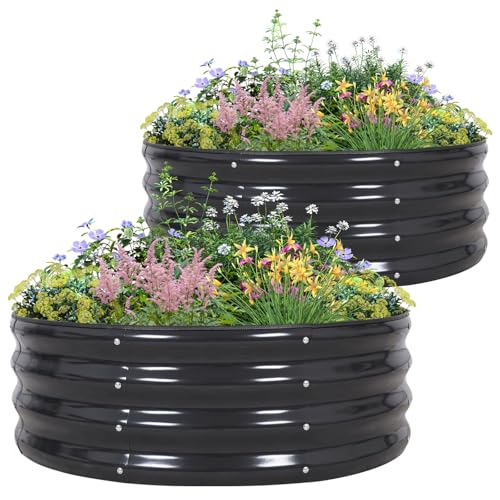2 Stück 90x90x30cm Rundes Hochbeet, Metall Hochbeet Garten im Freien Pflanzer Box für Gartenarbeit Pflanzung Pflanzen Gemüse, Kräuter, Blumen, Dunkelgrau von BIRDSINYARD