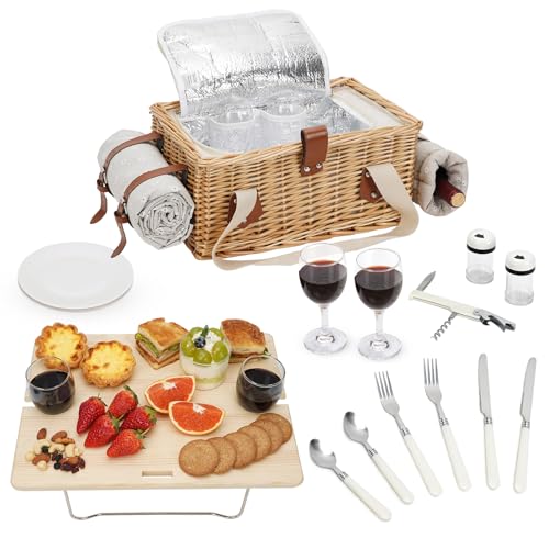 Picknickkorb-Set mit Mini-Klapptisch und Besteck-Set, Picknickkorb für 2 Personen mit kühltaschen, Flechtkorb mit Henkel, Weidenkorb Geschenkset für Picknick Camping Outdoor Party (Weiße Blume) von BIRDSINYARD