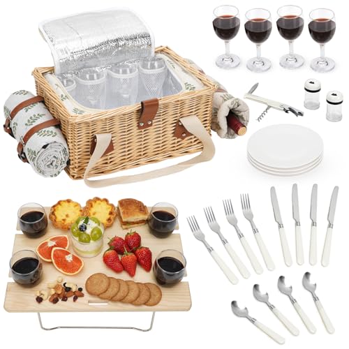 Picknickkorb-Set mit Mini-Klapptisch und Besteck-Set, Picknickkorb für 4 Personen mit kühltaschen, Flechtkorb mit Henkel, Weidenkorb Geschenkset für Picknick Camping Outdoor Party Picknickkorb-Set mit Mini-Klapptisch und Besteck-Set, Picknickkorb für 4 Personen mit kühltaschen, Flechtkorb mit Henkel, Weidenkorb Geschenkset für Picknick Camping Outdoor Party von BIRDSINYARD