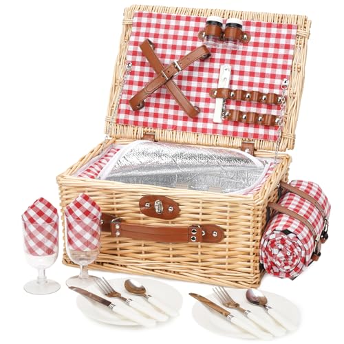 Picknickkorb für 2 Personen, Picknickkorb-Set mit Kühlfach und wasserdichte Picknickdecke, Besteck Set, Handgefertigtes Weidenkorb Picknick Korb Geschenk für Camping, Strand, Wandern (RotCheck) von BIRDSINYARD