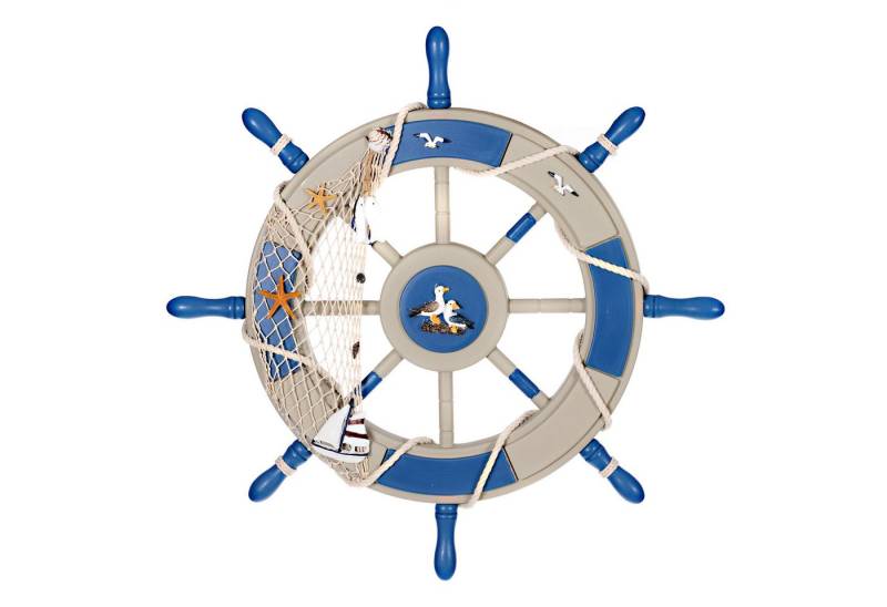BIRENDY Dekoobjekt Steuerrad 10 aus Holz Nautik Optik Schiffsrad 45cm Anker Blau weiß von BIRENDY