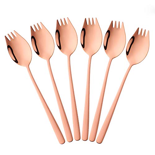 BISDARUN Spork Göffel Titan 18/10 Edelstahl Sporks Lang 21,3 CM(8,4 Inch) 6 Stück Metall Gabel Löffel Campingbesteck für Obstsalat Nudelsuppe Roségold von BISDARUN