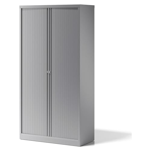 BISLEY Rollladenschrank Essentials mit 4 Fachböden für 5 Ordnerhöhen, Metall, Sl355 Rollladen/Korpus Silber, 47 x 100 x 198 cm von BISLEY