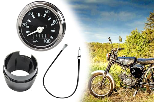 Tacho Set, Tachometer 100km/h Ø 60mm mit Chromring Blinkkontrolle + Tachowelle 800mm + Tachohülle für Simson S50 S51 S53 S70 S83 + Bisomo Sticker von BISOMO