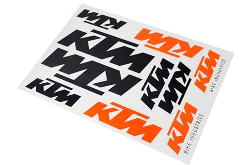 KTM Sticker Aufkleber, Maße 17,2 x 24,8 cm, Bike Industries Logo auf Bogen, Rahmen Aufkleber, Wasserfest, Fahrrad, E-Bike, Rennrad, Orange/Schwarz, 10 Stück von BISOMO