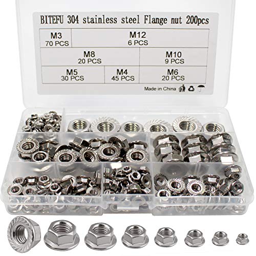 BITEFU 200 Stück Flansch Muttern M3 M4 M5 M6 M8 M10 M12 Edelstahl Sechskantmuttern mit Sperrverzahnung Selbstsichernde Muttern Sortiment Kit BITEFU 200 Stück Flansch Muttern M3 M4 M5 M6 M8 M10 M12 Edelstahl Sechskantmuttern mit Sperrverzahnung Selbstsichernde Muttern Sortiment Kit von BITEFU