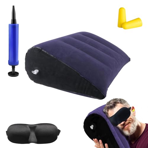 BITEFU 4-teiliges aufblasbares Kissen-Set, blaues Keilkissen-Bett, inklusive Kleiner Pumpe, Augenmaske, Ohrstöpsel, aufblasbares Lesekissen, Good for Traveling and Sleeping von BITEFU