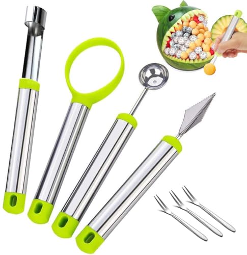 BITEFU 7 Stück Obst Werkzeug Küchenhelfer Set Multifunktion lebensmittelechter Edelstahl Apfelentkerner,Melonenausstecher Kugeln,Schnitzmesser, mit Obstmesser und Obstgabeln für DIY-Obstsalate von BITEFU