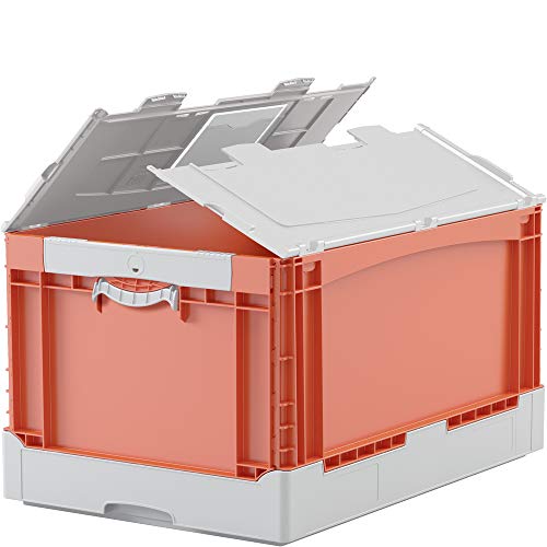 BITO 51-31459 Klappboxen EQ mit Liftgriffen/Glattem Boden und Anscharniertem Zweiteiligem Klappdeckel, 600 mm x 400 mm x 332 mm, 20 kg Inhaltsbelastung, Orange/Grau von BITO