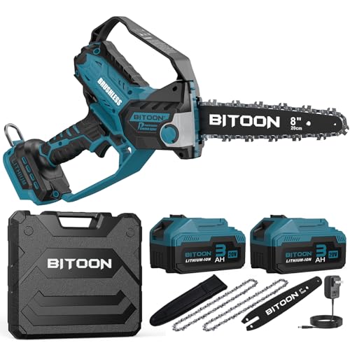 BITOON 20,3 cm Mini-Kettensäge mit 2 Stück 3,0-Ah-Akku und Ladegerät, Auto-Öler, bürstenlos, schnurlos, 20,3 cm und 15,2 cm, 2-in-1-Gartenkettensäge, tragbare elektrische Kettensäge zum Schneiden von von BITOON