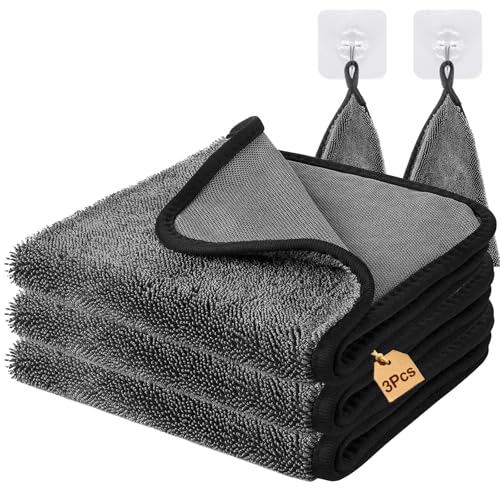 BITOYO 3 Stück Mikrofaser Trockentuch Auto 40x40 cm 600 GSM Flauschige Autopflege Tücher zum Trocknen und Polieren Superweich Lintfrei Saugstark mit Haken für Auto Motorrad Boot Haushalt von BITOYO