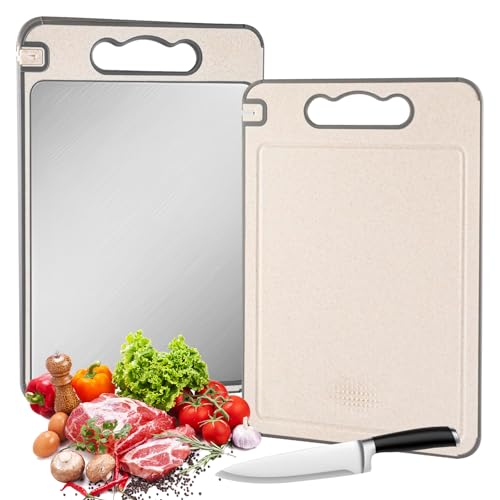Doppelseitiges Schneidebrett, Lebensmittelechter 304-Edelstahl und Weizenstroh, Leicht zu Reinigen, Cutting Board für Fleisch, Gemüse, Schneidebrett mit Handlicher Griff, Rutschfeste Füße von BITOYO