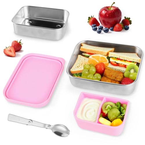 Edelstahl Kinder Brotdose mit Silikondeckel, Brotdose mit Fächern 1 Löffel Edelstahl, BPA Frei Bento Box, Auslaufsichere Snackbox Schule Kindergarten Ausflug, Frühstücksbox Kinder, Spülmaschinenfest Edelstahl Kinder Brotdose mit Silikondeckel, Brotdose mit Fächern 1 Löffel Edelstahl, BPA Frei Bento Box, Auslaufsichere Snackbox Schule Kindergarten Ausflug, Frühstücksbox Kinder, Spülmaschinenfest von BITOYO