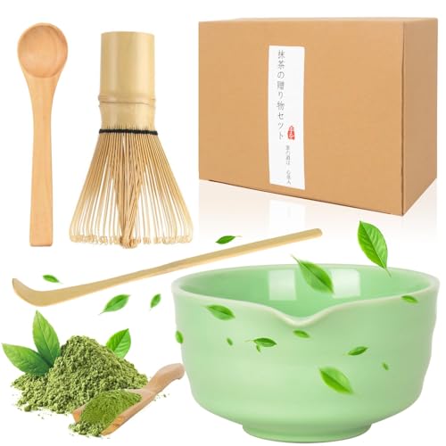 Matcha Set, 5-Teiliges Matcha Besen Set, Macha Tee Set für Matcha Latte Frühstück Zubereiten, Keramik Matcha Schale, Bambusbesen Matcha, Grün Matcha Zubehör Geschenk für Familie Kollegen Freund von BITOYO
