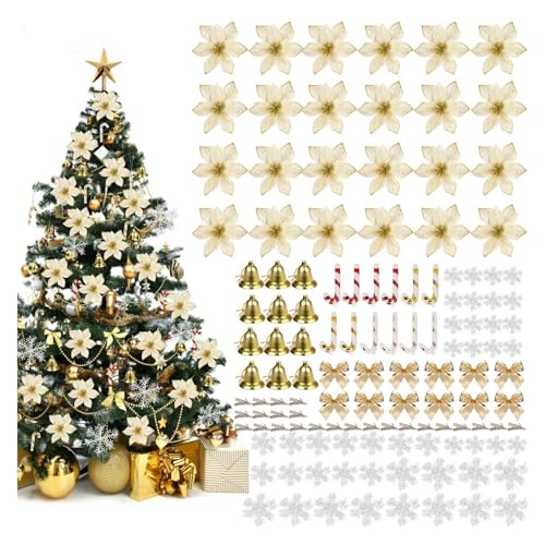Weihnachtsbaum Deko, 120 Stück Christbaumschmuck mit Glitter Poinsettia künstliche Weihnachtsblumen Bögen Bell Schneeflocken kleine Krücken für Weihnachtsbaumschmuck Weihnachtsdeko Neujahr Ornamente von BITOYO