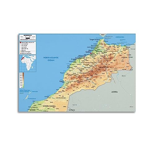 BITTU Weltkarte-Poster, physische Karte von Marokko, dekoratives Gemälde, Leinwand, Wand- und Kunstbild, Familien-Schlafzimmer, Dekoration, 30 x 45 cm von BITTU