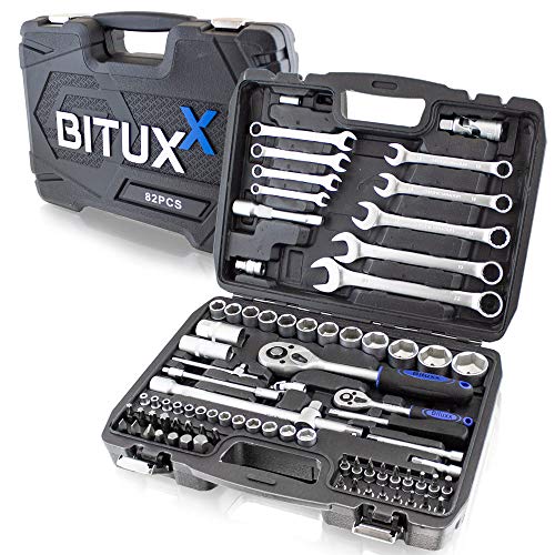 BITUXX® 82 Teiliges Werkzeugkoffer Knarrenkasten Werkzeugset Werkzeugkasten Ratschenkasten Maulschlüssel Bit Stecknuss Schraubenschlüssel Steckschlüssel Ringschlüssel Nuss Set von BITUXX