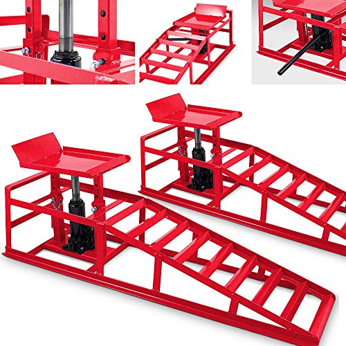BITUXX® 2 Stück Auto PKW KFZ Auffahrrampen Set mit Wagenheber hydraulisch Höhenverstellbar Wartungsrampe Hebebühne Rampe Auffahrrampe Auffahrbock in Rot von BITUXX