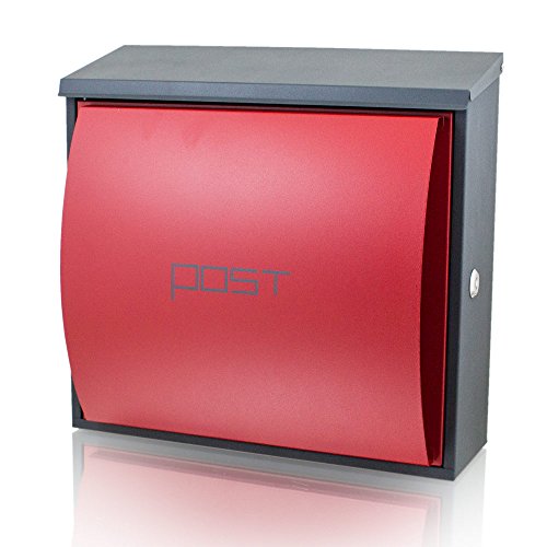 BITUXX® Wandbriefkasten Design Briefkasten Postkasten Dunkelgrau Zeitungsfach vorn Front Rot Schloss seitlich von BITUXX