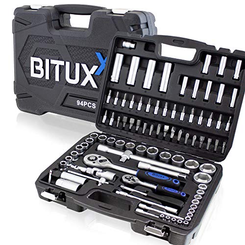 BITUXX 94 teiliges Steckschlüsselset Werkzeug Ratschenkasten Knarrenkasten Nusskasten mit Koffer Stecknüsse Ratsche Bits 6-Kant-Schlüssel Quergriff Torx von BITUXX