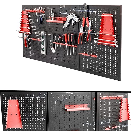 BITUXX Dreiteilige Werkstatt Organizer Werkzeugwand Lochwand Lochplatte Werkzeugregal Wandhalterung Werkstatteinrichtung Lochblech Metall Rot von BITUXX