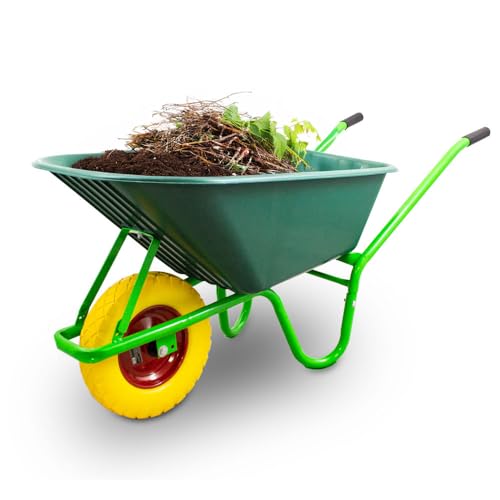 BITUXX Schubkarre 100L Hellgrün Schubkarren Scheibtruhe Bauschubkarre PVC Wanne Grün PU Rad Schiebkarre 250kg (PU Rad Gelb) von BITUXX