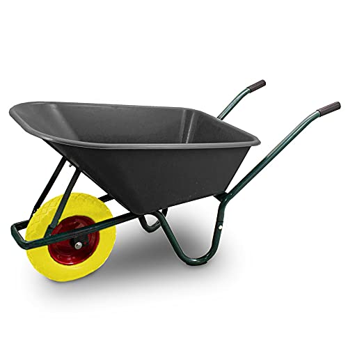 BITUXX Schubkarre 100L Schubkarren Schiebkarre Scheibtruhe Bauschubkarre mit PVC Wanne und Luftreifen bis 250kg (Schubkarre mit PVC Mulde Schwarz und PU Rad Gelb) von BITUXX