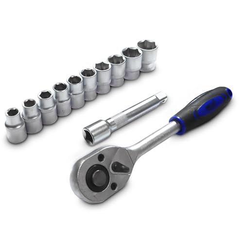 Bituxx 12 Teiliges Nussatz Sechskant mit 250mm Ratsche 1/2" und 125mm Verlängerung Steck Nüsse Stecknuss Werkzeug Set von BITUXX