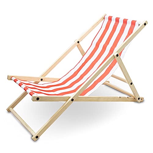 BITUXX Liegestuhl Sonnenliege Gartenliege Holzliege Strandliegestuhl Holz Klappbar (Rot/Weiß Gestreift) von BITUXX