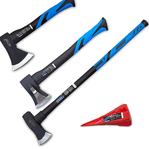 BITUXX Spaltaxt Spaltbeil Axt Beil Spalthammer Spaltkeil Fiberglas Forst Set - Die Perfekten Werkzeuge für Garten und Wald (Granate + Beil 600g + Spaltaxt 1000g + Spalthammer) von BITUXX
