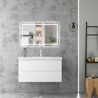Badezimmer Badmöbel-Set 100cm Unterschrank mit Weiß Mineralguss waschtisch 2 Schubladen Weiß Matt soft close Selbstmontierter von BIUBIUBATH