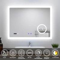 Biubiubath - led Badspiegel 80x60cm mit 3 Lichtfarbe Dimmbar Bluetooth Uhr 3-fache Vergrößerung Beschlagfrei ce IP44 von BIUBIUBATH
