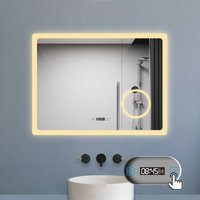 Led Badspiegel 80x60cm mit Touch Antibeschlage 3-Fach Lupe Uhr 3 Farbe Dimmbar 2700-6500k IP44 von BIUBIUBATH