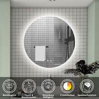 Biubiubath - led Runder Badezimmerspiegel ohne Rahmen 3 Lichtfarbe dimmbar Speicherfunktion Touch/Wandschalter Beschlagfrei automatische Abschaltung von BIUBIUBATH