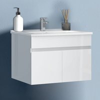 Waschtisch mit Unterschrank 60cm Badmöbel Set mit Waschbecken Keramik dünn Gäste wc Hochglänzend Weiß von BIUBIUBATH