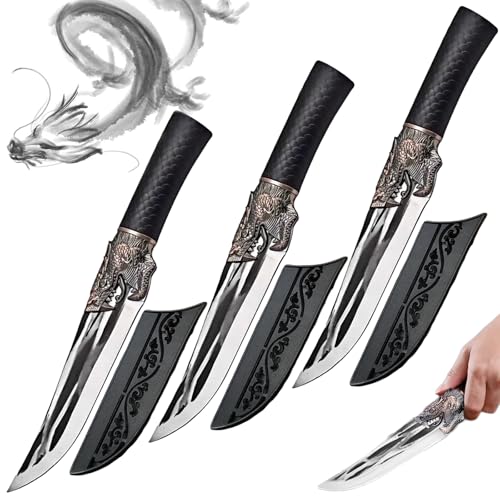BIUBIULOVE Tragbares Küchenmesser Mit Drachendekor Und Scheide, Mehrzweck-Kochmesser, Ergonomischer Griff, Küchenmesser Aus Edelstahl Zum Hacken Von Gemüse Und Fleisch (3 Sätze) von BIUBIULOVE