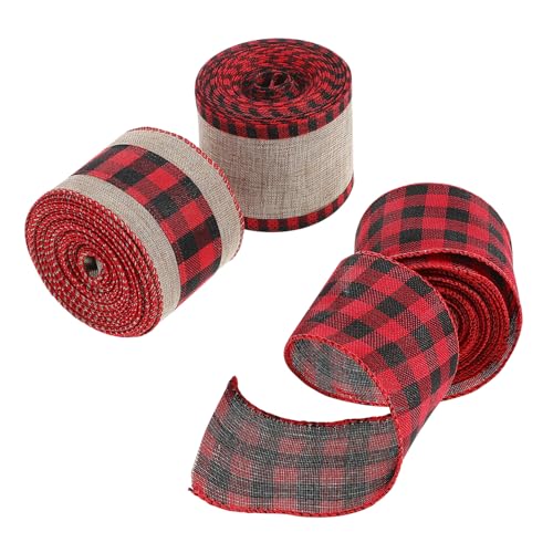 BIUDECO 3 Rollen Rustikales Weihnachts Burlap Band Breit Yards Buffalo Plaid Webband mit Klassischem Muster Vielseitig für Basteln Schleifen Kränze und Festliche Dekorationen von BIUDECO