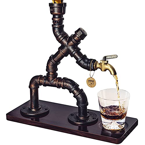 BIUMEICVIS Whiskyspender Braun mit rotbraunem Holzsockel – Vintage Getränkespender im Steampunk-Stil mit Silikonschlauch – Geschenk für Männer & Hausbar Deko von BIUMEICVIS